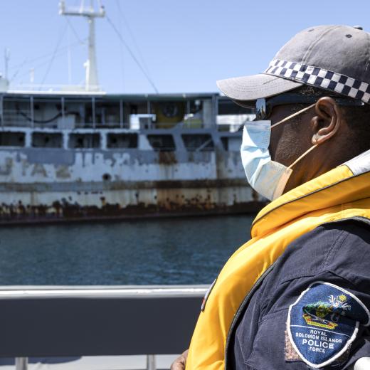 Royal Solomon Islands Police Force officers undertake practical training with the Australian Defence Force in the use and maintenance of aluminium long boats in Honiara, Solomon Islands.