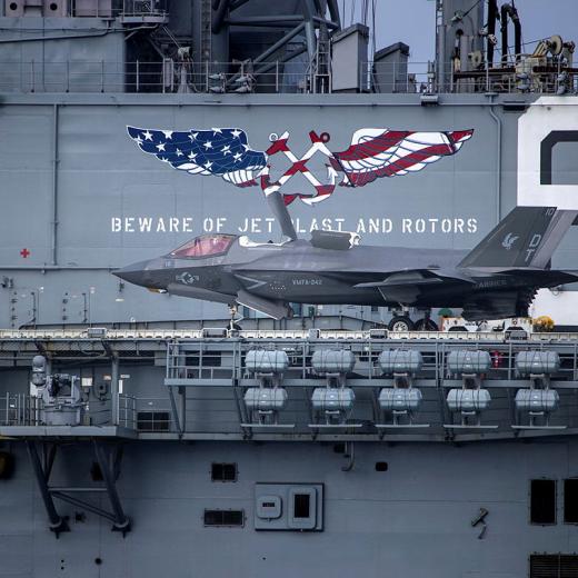 An F-35B Lightning II takes off from USS America while sailing in company with HMAS Anzac during a regional presence deployment.