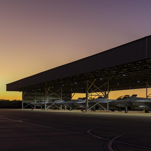 A sunrise lineup of Royal Australian Air Force F-35A Lightning ll aircraft at RAAF Base Curtin, Western Australia, during Exercise Talisman Sabre 2023.