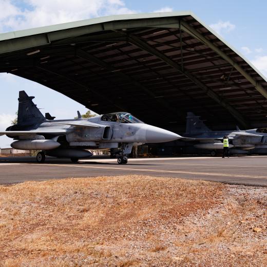 Two Royal Thai Air Force JAS-39 Gripen C depart RAAF Base Darwin for sorties during Exercise Pitch Black 24.
