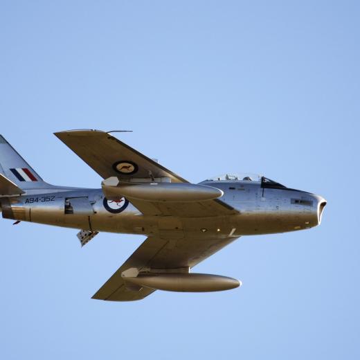 Sabre aircraft thunders through the sky during the Wings Over Illawarra Air Show.