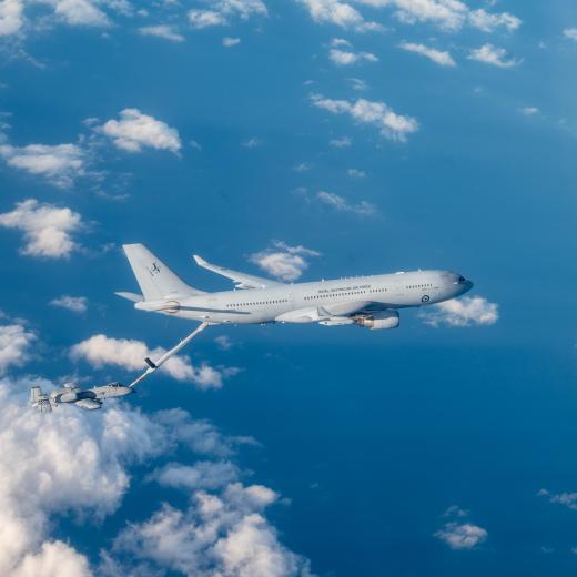 A United States Air Force (USAF) A-10C Thunderbolt II (also known as a Warthog) behind a Royal Australian Air Force (RAAF) KC-30A Multi-Role Tanker Transport (MRTT) during air-to-air refuelling at Exercise Freedom Flag 24-1.