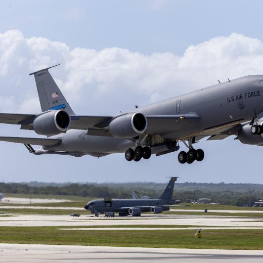 A United States Air Force KC-135 Stratotanker aircraft departs during Exercise Cope North 25, Andersen Air Force Base, Guam.