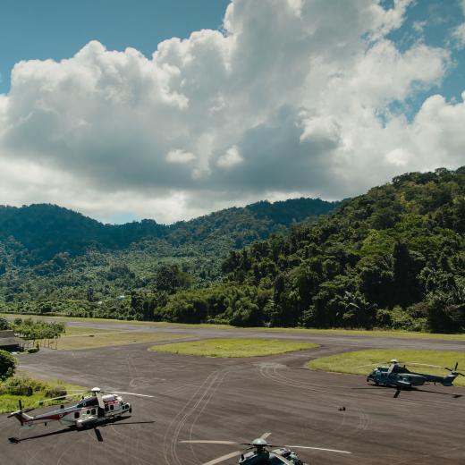 Royal Malaysian Air Force EC725 and Republic of Singapore Air Force (RSAF) H225M Medium Lift Helicopters at the joint Malaysian and Singaporean operated Search and Rescue (SAR) at the Forward Operating Base, Tioman Malaysia as part of Exercise Bersama Shield 2025 