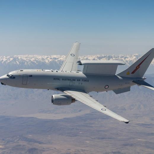 A Royal Australian Air Force No. 2 Squadron E-7A Wedgetail aircraft prepares to be air-to-air refuelled by a United States Air Force KC-46 Pegasus aircraft, during air-to-air refuelling clearance trials with the United States Air Force, at Edwards Air Base.