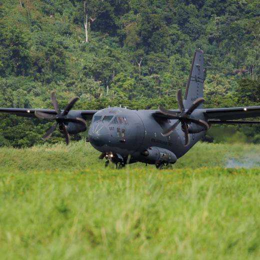 A RAAF 35 Squadron C-27J Spartan aircraft comes in to land at Bauerfield International Airport, Port Vila, Vanuatu during Operation Rai Balang 2024.