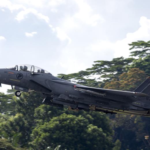 Singaporean Air Force F-15SG Fighter Jet departs on a sortie, during Exercise Bersama Lima 2024 in Singapore.