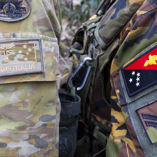 An Australian Army soldier and a Papua New Guinea Defence Force soldier after securing the Charters Towers Weir as part of exercise Talisman Sabre, Queensland on 21 July 2025.
