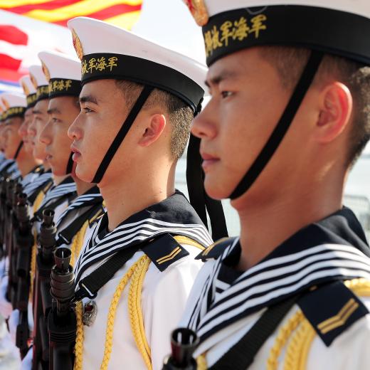 Chinese Navy sailors onboard PLA Navy Ship Sanya alongside South China Sea Fleet Navy Base in Zhanjiang.
