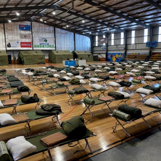 Members from 13th Brigade and the Pilbara Regiment set up temporary camp style accommodation in Geraldton Western Australia, to provide a place to sleep and rest for up to 100 Department of Fire and Emergency Services (DFES) personnel.