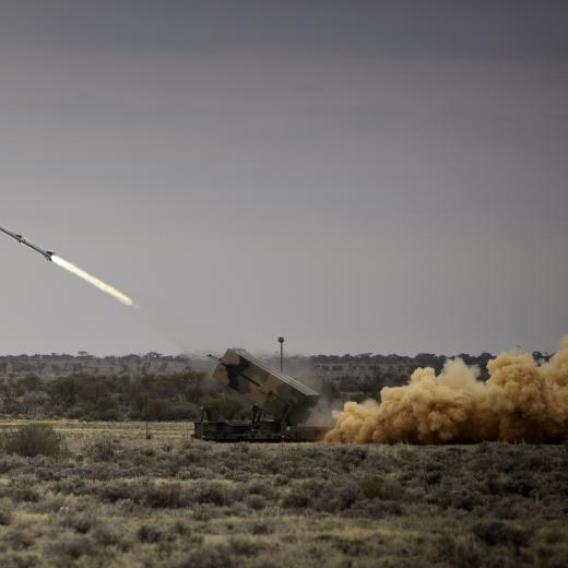 The National Advanced Surface to Air Missile System fires an AIM-120 Advanced Medium Range Air to Air Missile during it's first ever Australian live-fire at Woomera Test Range in South Australia on 14 November 2023.