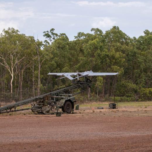 The AAI RQ-7 Shadow Uncrewed Aerial Systems (UAS) is prepared for launch by personnel from the 20th Regiment, Royal Australian Artillery (RAA), during Operation Resolute in the Kimberley Marine Park, WA.