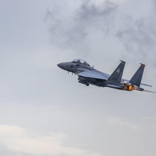 Singapore Air Force F-15SG Fighter Jet departs on a sortie, during Exercise Bersama Lima 2024 in Singapore.