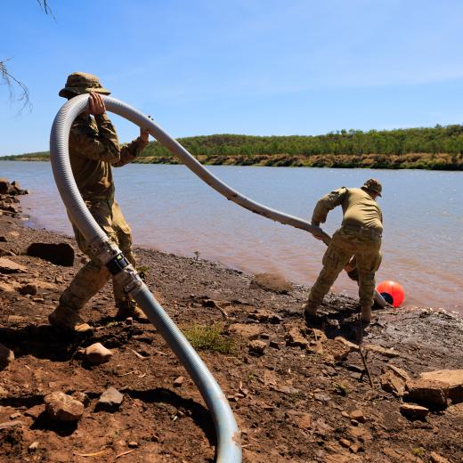 Australian Army soldiers from 1st Combat Engineer Regiment extract water for desalination and purification from Victoria River in the Northern Territory during Exercise Talisman Sabre 2025.
