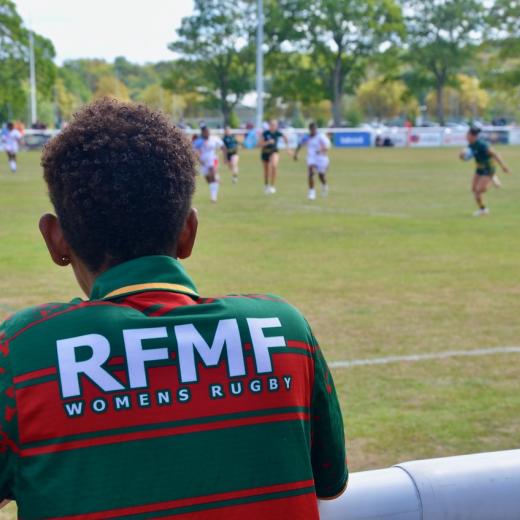 Players from the Australian Defence Force and Royal Fijian Military Forces compete in a championship round of the Women's International Defence Rugby Competition in Aldershot, UK.