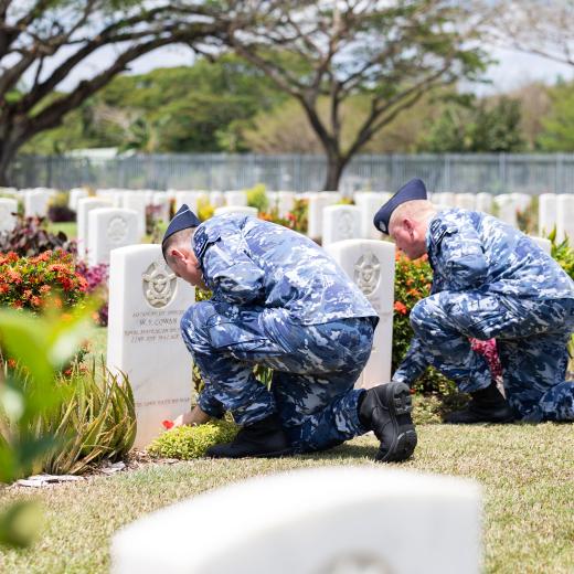 Royal Australian Air Force, Chief of Air Force, Air Marshal Stephen Chappell DSC, CSC, OAM and Warrant Officer of the Air Force, Ralph Clifton lay poppies at Australian War Graves at Bomana War Cemetery during the Papua New Guinea Defence Week in Port Moresby as part of the 50th Anniversary Celebrations