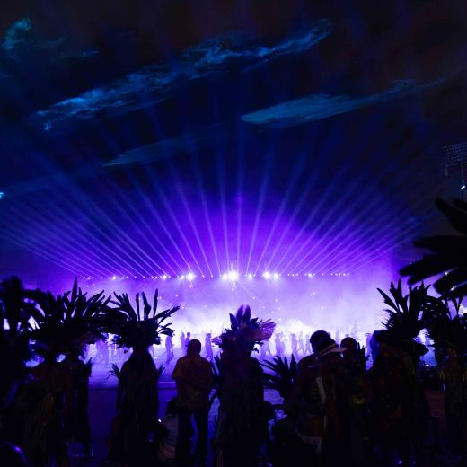 Local performers participate in the PNG 50th Anniversary Spectacular at Sir John Guise Stadium, Port Moresby, Papua New Guinea.