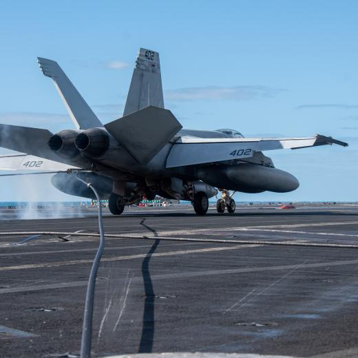 F/A-18E Super Hornet, attached to the Dambusters of Strike Fighter Squadron (VFA) 195, lands on the flight deck of the U.S. Navy’s only forward-deployed aircraft carrier, USS Ronald Reagan (CVN 76), during flight operations in support of Talisman Sabre 23