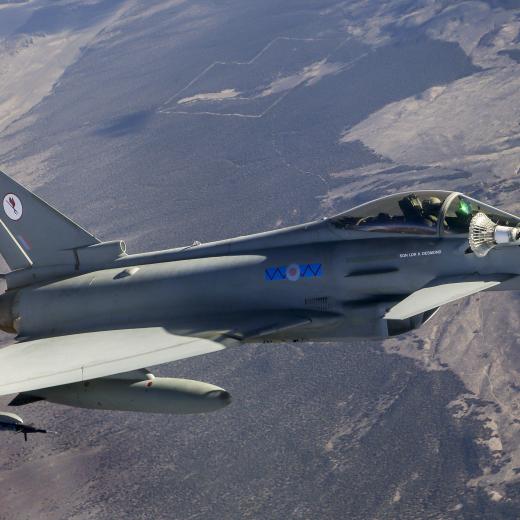 RAF Typhoon FGR4 during an air-to-air refuelling sortie with a Royal Air Force Voyager on Exercise Red Flag 2025.