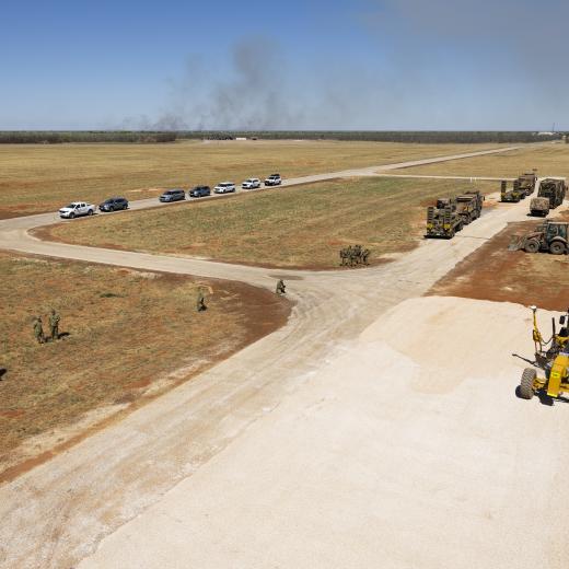 Australian Army soldiers from 13th Engineer Regiment conduct airfield maintenance at RAAF Base Curtin, Western Australia, during Exercise Austral Shield 2024. Mid Caption: