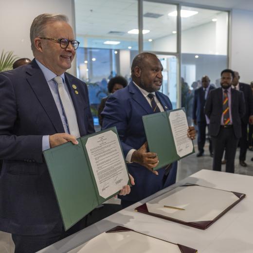 Australian Prime Minister the Honourable Anthony Albanese, MP, and Papua New Guinea Prime Minister James Marape, MP, stand together after signing the Joint Communique on a Mutual Defence Treaty at Melanesian Haus, Waigani, on 17 September 2025.