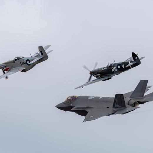 F-35A Lightning II, Mustang and Spitfire MK VIII.