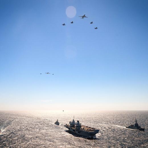 Australian F-35A, USA KC-135, Australian F-35A, Australian F/A-18F, UK F-35B, Australian E-7, USA F-35B, Australian F/A-18F. Ships left to right: HNoMS Roald Amundsen, HMS Richmond, HMS Prince of Wales, Australian Warship HMAS Sydney. 