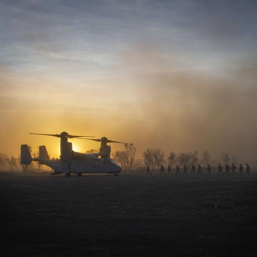 Soldiers of 5th Battalion, The Royal Australian Regiment embark a US Marine Corps MV-22B Osprey for an Air Mobile Operations during Exercise Koolendong 2021.
