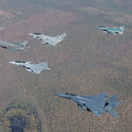 F-16D Fighting Falcon from Indonesian Air Force (Tentara Nasional Indonesia - Angkatan Udara, or TNI-AU); Spanish Air and Space Force Eurofighter Typhoon; Royal Australian Air Force F-35A Lightning II; Royal Thai Air Force JAS-39 Gripen D; and Republic of Korea Air Force F-15K Slam Eagle