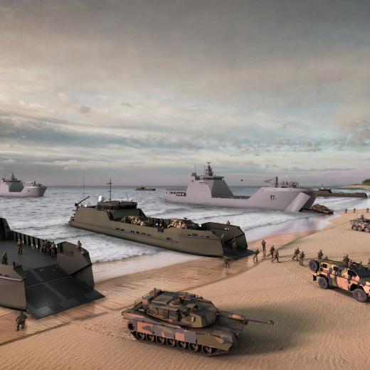 Landing Craft Medium and Heavy vessels conducting a beach landing.