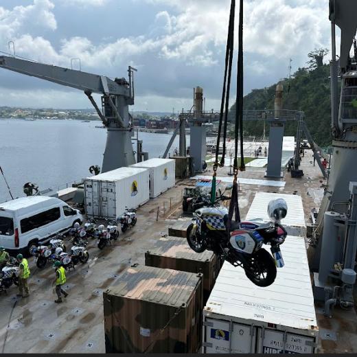 Vanuatu Police Force motorcycles on HMAS Choules,  