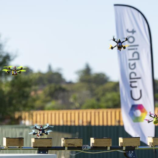 Drones take off from the starting blocks