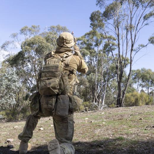 Australian Army soldier takes aim at a drone.