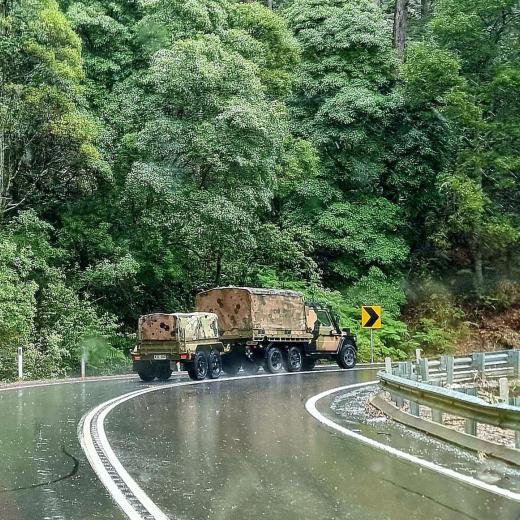 Vehicles and soldiers of the 5th Brigade cross the Brown Mountains between Bega and Cooma 