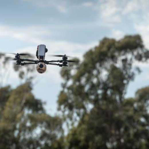 A drone operated by an Australian Army soldier, conducts low-level manoeuvres during the Modify and Operate Attack Drone (FPV) Course