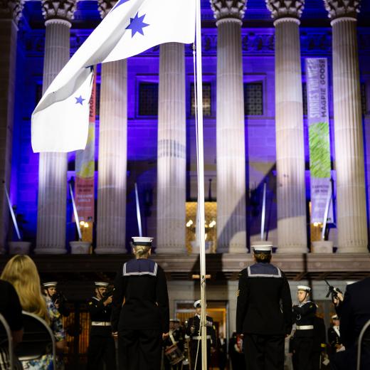 Royal Australian Navy sailors from HMAS Moreton, conducting Beat to Quarters at King George Square, Brisbane, QLD.